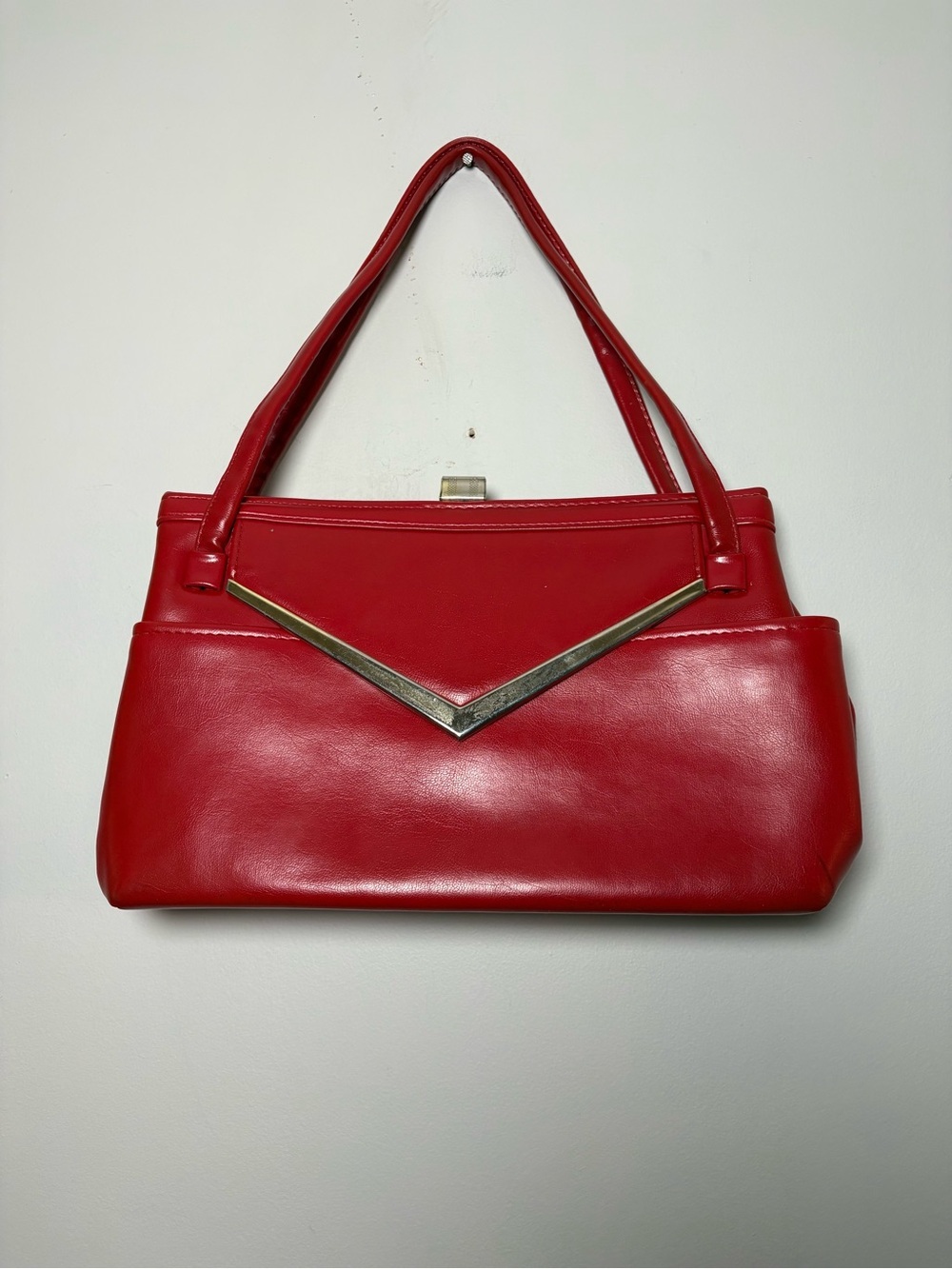 Authentic Vintage 1960s Red Chevron Synthetic Leather Handbag Purse MCM Retro